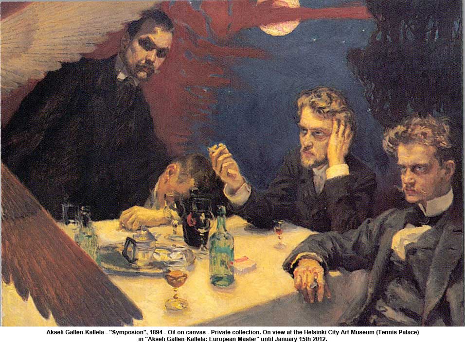 In 1894 Akseli Gallen-Kallela painted “The Symposium”  - the name of the group of Finnish artists in which Gallen-Kallela was a leading figure. The artist himself can be seen in the upper left corner of the painting.  He also portrayed his friends, Oskar Merikanto, Robert Kajanus, and Jean Sibelius in the midst of heavy drinking.The theme was inspired by an evening at the Hotel Kämp
