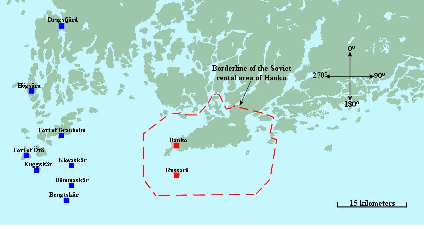 The Hanko area, map showing the Russian-occupied zone, Bengtskär and other places and forts