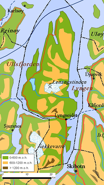 Lyngenfjord, showing the terminus at Skibotn