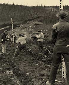 Surveyors setting out the route for the Highway. Generally, this followed the existing route