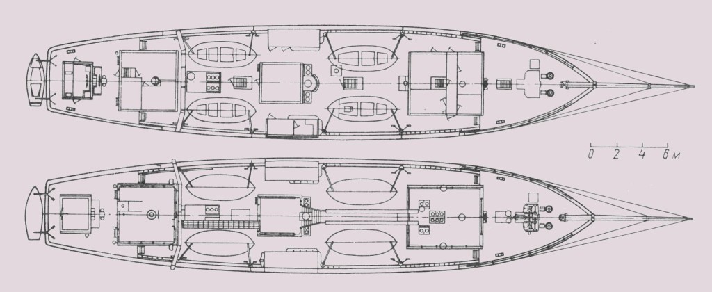 Structural drawing. The upper deck and a top view barquentine "Kropotkin."