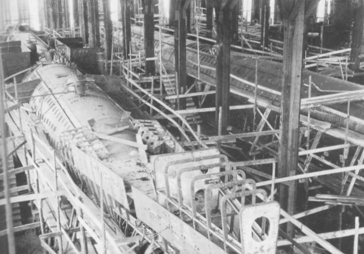 The three Vetehinen class submarines side-by-side in the specially built construction shed