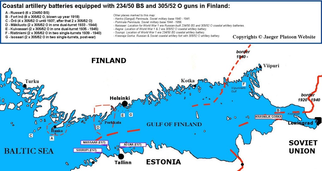 Map showing historical locations of 234-mm and 305-mm coastal artillery batteries in Finland